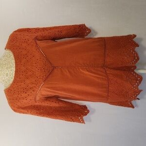 NAOO Nation AK Outiftters Women's Terracotta Eyelet Embroidered Boho Hobo Top S